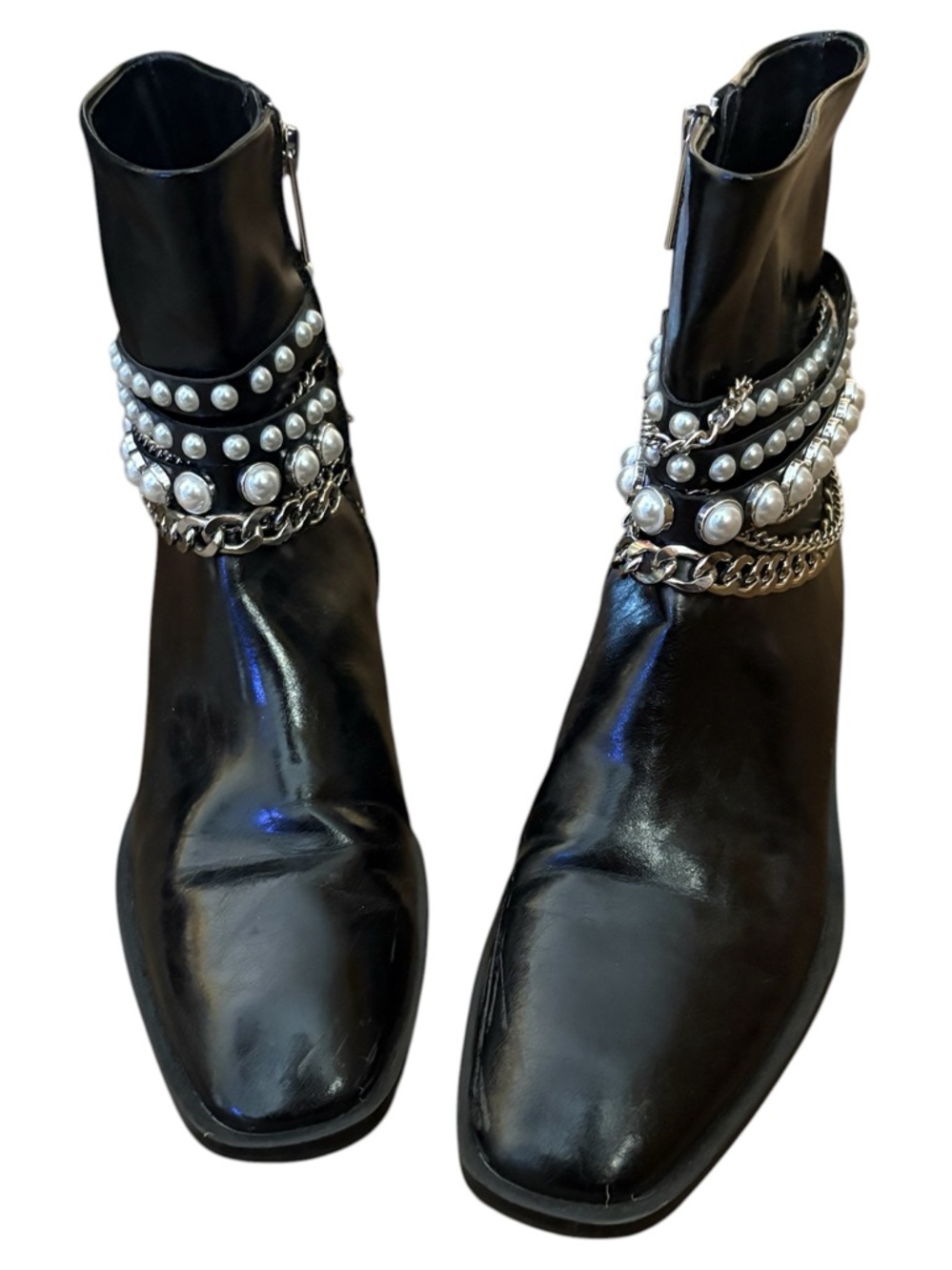 Zara Black Pearl Chain Ankle Boots - Picture 3 of 6